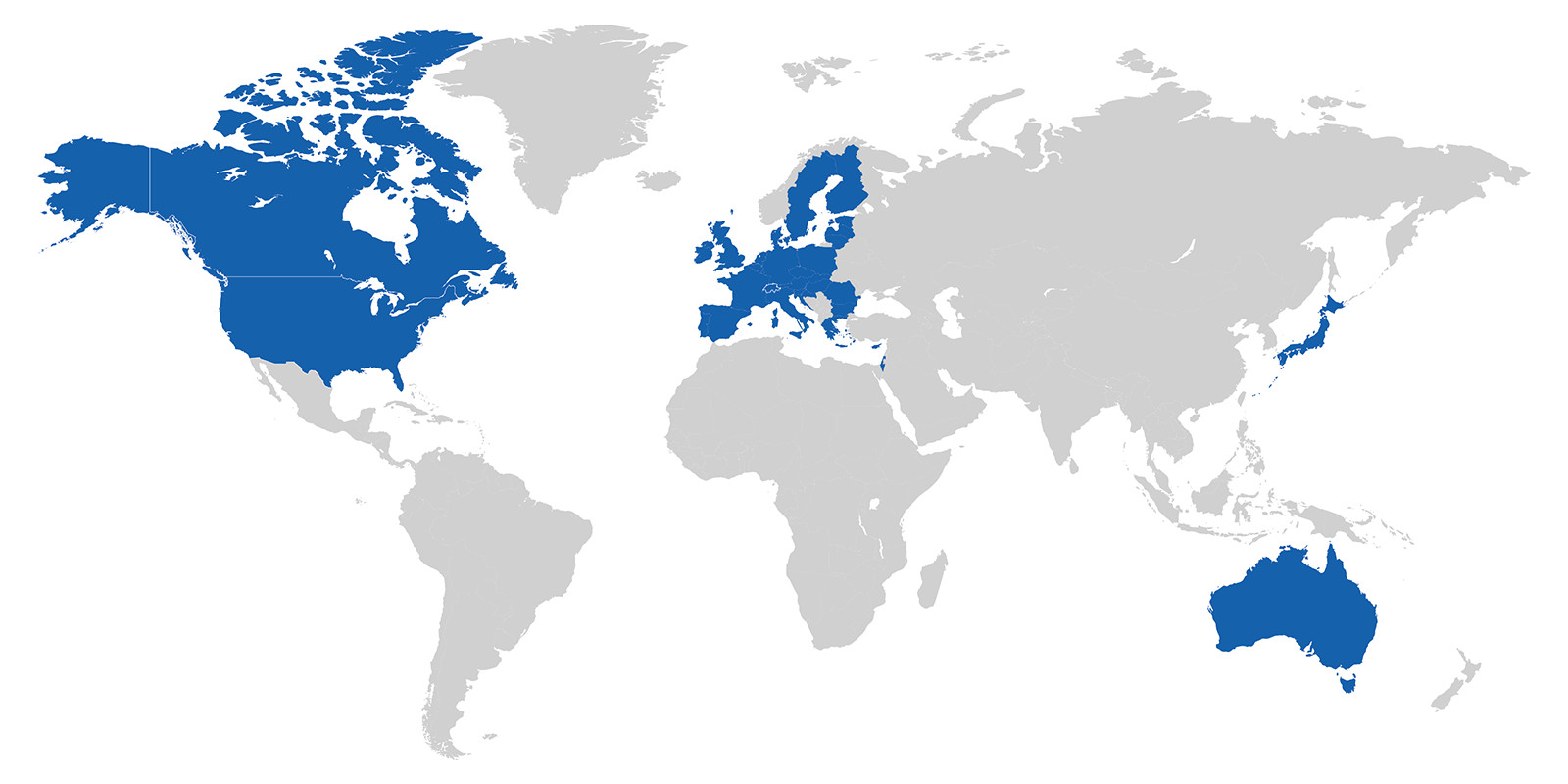 Map graphic with the US, Canada, the EU, Switzerland, Australia, Israel, and Japan shaded Map graphic with the US, Canada, the EU, Switzerland, Australia, Israel, and Japan shaded